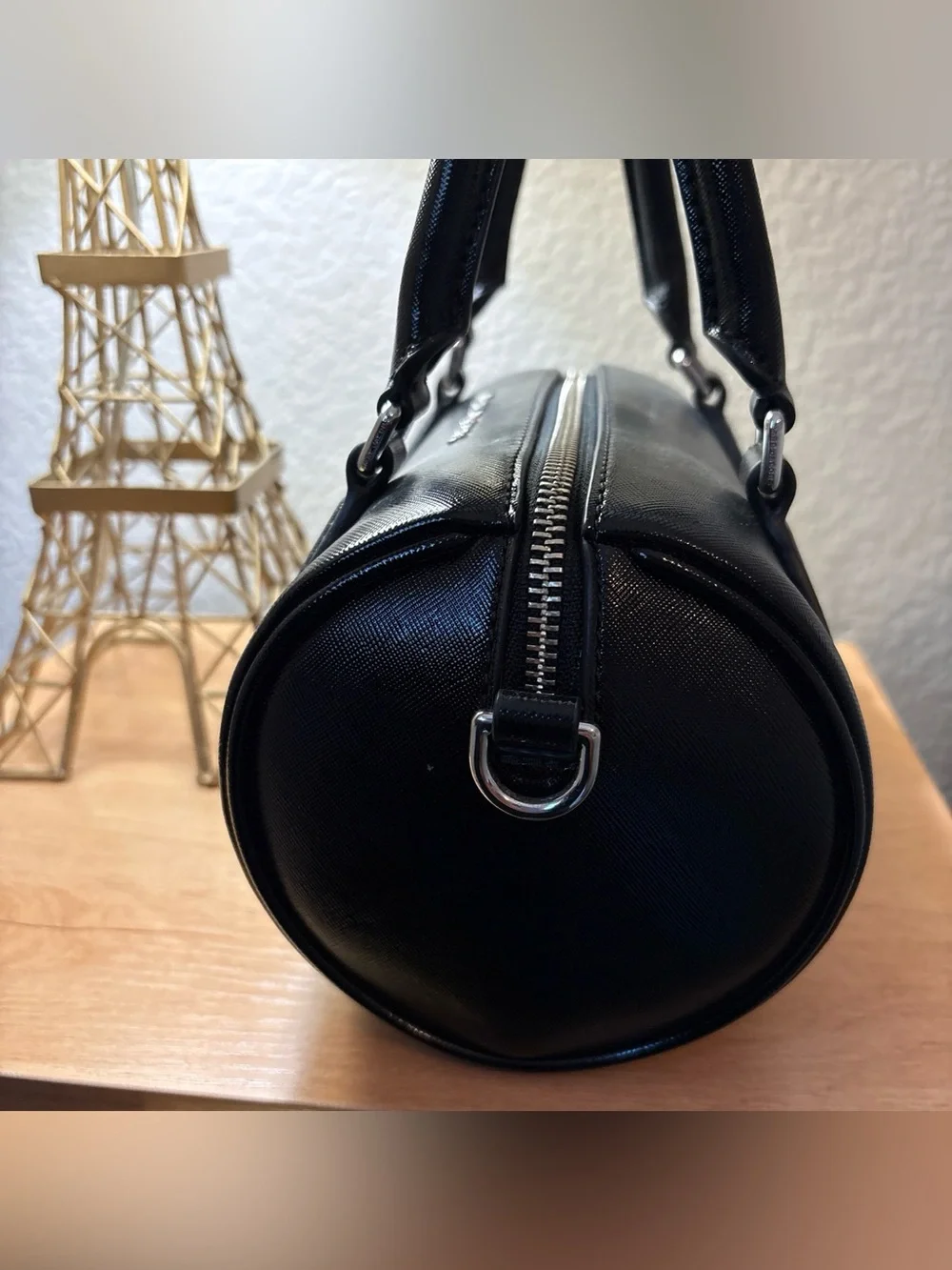 Marc Jacobs Black Leather Barrel Satchel with Logo Strap